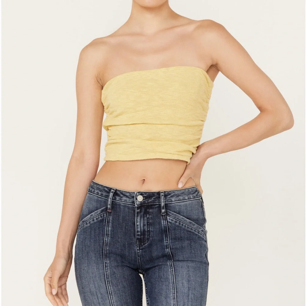Free People| NWT Women’s Boulevard Ruched Yellow Tube Top in Size Small - Picture 1 of 12